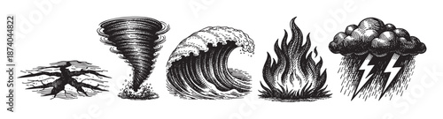 A vintage black and white illustration depicts five powerful natural disasters: earthquake, tornado, wave, fire, and thunderstorm, rendered in a detailed woodcut style.