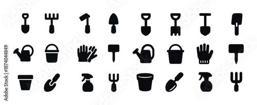 Gardening tool icons set: shovel, rake, watering can, gloves in black
