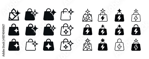 Icon set of geometric bags with sparks and lightning bolts