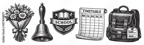 A vintage, black and white illustration features a collection of school-related items including a bouquet of flowers, a school bell, a crest with a book, a timetable, and a backpack with a name tag.