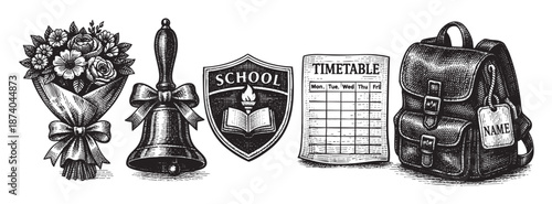 A black and white sketch depicts a vintage school still life including a bouquet of flowers, a school bell, a shield with an open book, a timetable, and a backpack.
