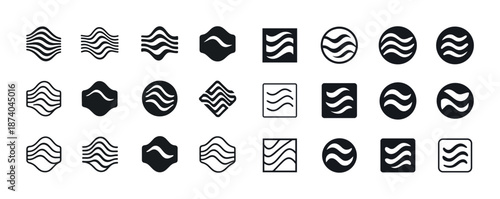 Set of abstract wave icons in various geometric shapes and styles