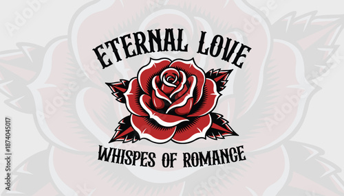 Eternal love whispers of romance vintage floral illustration with red rose, classic typography and timeless romantic emblem design