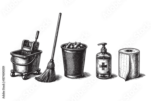 A set of five classic black and white line art illustrations depicting essential cleaning supplies, including a mop bucket, broom, trash can, hand sanitizer, and toilet paper roll.