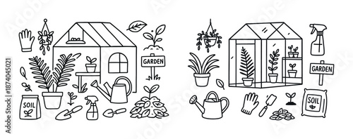 Black and white greenhouse and garden tools illustration with plants and supplies