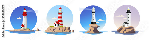 Set of lighthouse on the island by the sea. Vector illustration