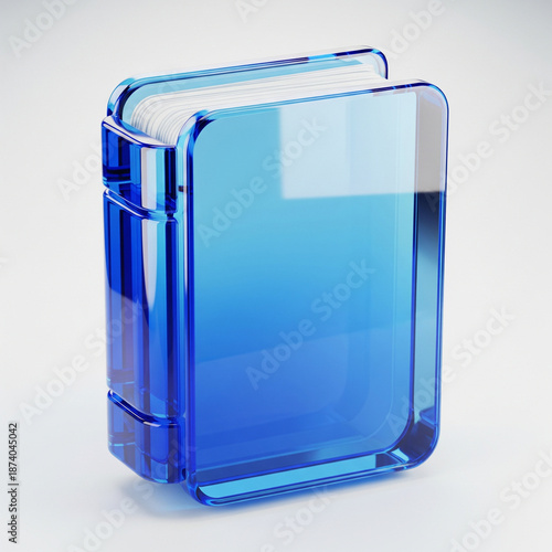 3D Blue Glass Book, Reading Icon, Library Symbol, Education Sign, Knowledge Element, Glossy Cover, Study Object