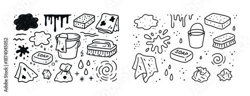 Cleaning tools and soap elements doodle design with brushes and buckets
