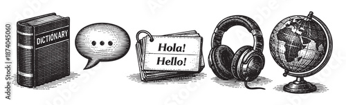 A black and white woodcut style illustration depicts a dictionary, speech bubble, flashcards with "Hola! Hello!", headphones, and a globe, representing language learning.