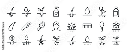 Natural hair care icons: line art of oil, shampoo, combs, plants, and hair follicles