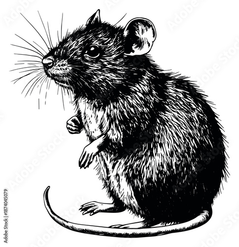Hand drawn line art illustration of a rat depicting it standing on its hind legs for animal themes