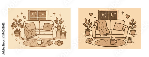 Cozy living room with sofa and plants, day and night scene