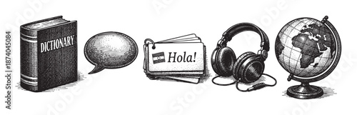 A collection of vintage illustration objects related to language learning, including a dictionary, speech bubble, phrase cards, headphones, and a globe.