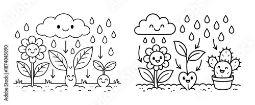 Cute black and white cartoon of smiling plants with rain and cloud