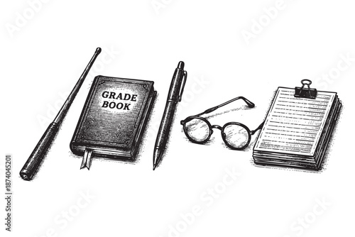A vintage black and white illustration depicts a teacher's desk essentials including a grade book, pen, glasses, and a clipboard with papers arranged on a white background.