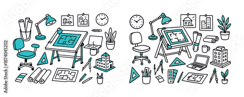 Architectural workspace with design plans and stationery elements