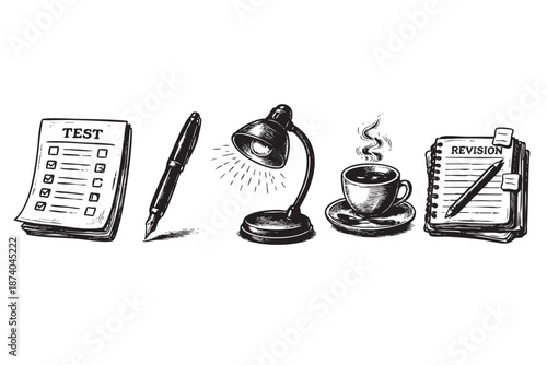 A detailed hand-drawn illustration depicts a desk scene with a test paper, fountain pen, desk lamp, steaming coffee cup, and revision notes, evoking study or work themes.