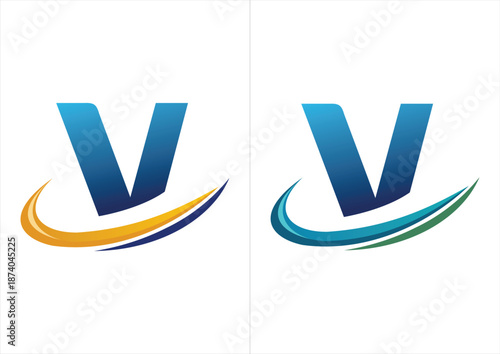 A professional corporate logo featuring a bold blue gradient letter accented by a dynamic motion swoosh, available in two color schemes (orange or navy and teal or green).