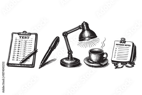 A black and white sketch depicts a desk setup for studying, featuring a clipboard with a test, a pen, a desk lamp, a cup of coffee, and revision notes with glasses.