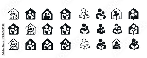 Set of house and family reading icons in various styles