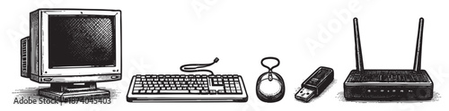 A black and white illustration shows a vintage computer monitor, keyboard, mouse, USB drive, and router arranged in a line against a white background, evoking nostalgia.