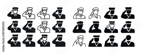 Diverse silhouettes of uniformed soldiers saluting in various styles