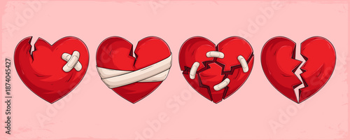 Hand drawn illustration of four red broken hearts in a row, covered with bandages and plasters on a soft pink textured background.
