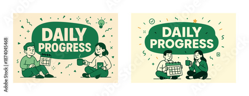 Young adults discussing daily progress with calendar and coffee in hand