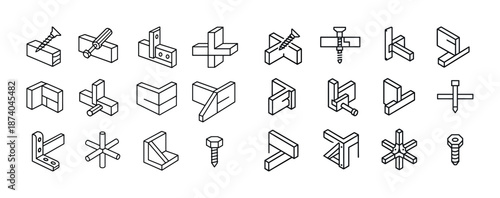 Collection of screw and angle bracket icons in outline style for design projects