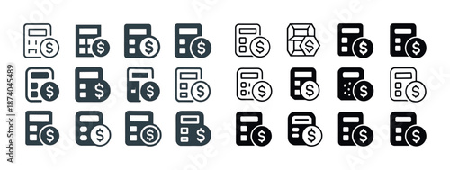 Variety of calculator icons showcasing currency and math symbols in simple designs