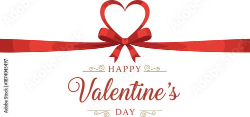 Elegant Valentine's Day greeting card with red ribbon heart bow, romantic festive design for love celebration, holiday wishes and affection theme.