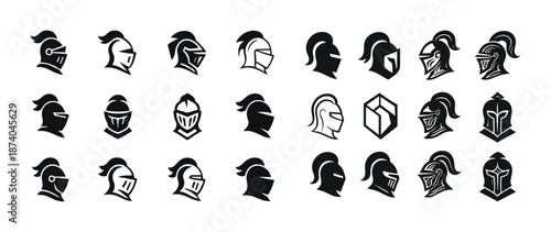 Set of black and white knight helmet icons with various designs