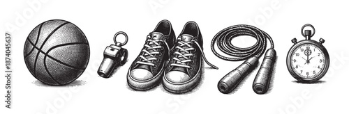 A monochromatic, vintage-style illustration features a basketball, whistle, sneakers, jump rope, and stopwatch arranged on a white background, perfect for fitness or sports concepts.