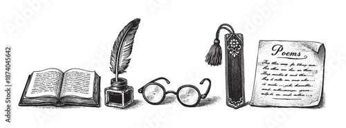 A vintage illustration features an open book, quill in inkwell, spectacles, a tasseled bookmark, and a page of handwritten poetry, evoking a classic literary scene.