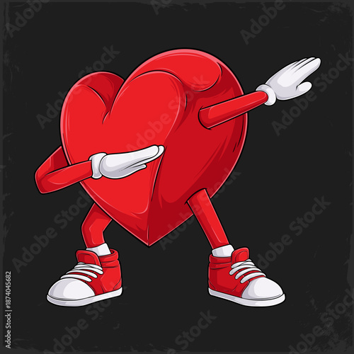 Hand drawn cartoon of a red heart character doing the dab dance pose, wearing white gloves and red sneakers on a dark grunge background.