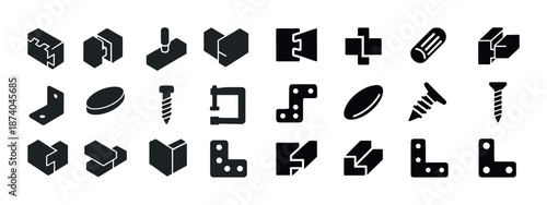 Black icons of various fasteners and connectors in different shapes