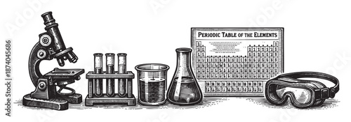 Vintage woodcut illustration of a science laboratory setup featuring a microscope, test tubes, beakers, and the periodic table, evoking a sense of discovery and research.