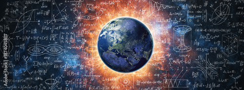 Planet Earth floating in space surrounded by scientific formulas, mathematical equations, and physics diagrams, representing science, knowledge, cosmology, and the laws governing the universe.