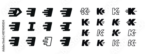 Set of abstract black and white logos with e and k letter designs
