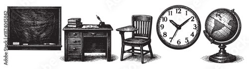 A classic black and white illustration depicting vintage schoolroom items including a chalkboard, desk with books and inkwell, chair, clock, and globe. This educational scene evokes nostalgia and lear