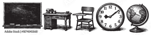 A classic black and white illustration depicting vintage schoolroom items including a chalkboard, desk with books and inkwell, chair, clock, and globe. This educational scene evokes nostalgia and lear
