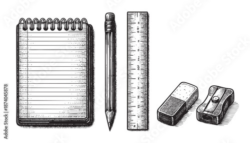 A collection of vintage school supplies, including a spiral notebook, pencil, ruler, eraser, and sharpener, rendered in a detailed black and white ink sketch style.