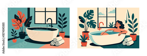 Relaxing bath time with indoor plants and cozy bathtub setting