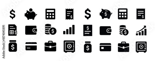 Finance and business icons: dollar, piggy bank, calculator, wallet, coins, chart, briefcase, safe