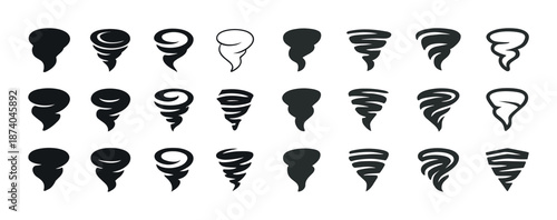 Collection of stylized tornado vortex silhouettes in various designs