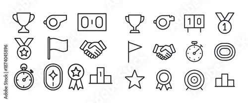 Outline sports icons: trophies, medals, timers, fields, flags, podiums, stars, whistles