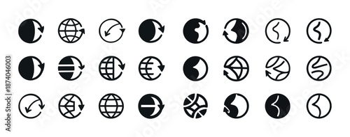 Various black globe and arrow icons indicating global navigation and communication