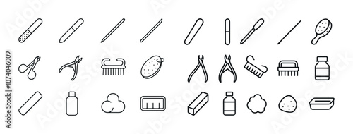 Outline icons set: nail care and hygiene tools collection