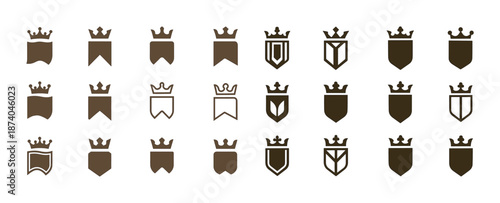 Collection of crown and shield icons on white background