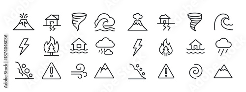 Set of minimalist natural disaster icons: volcano, earthquake, tsunami, cyclone, flood